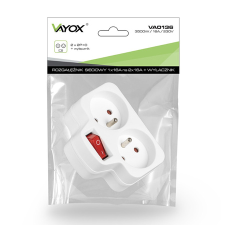 Rozgałęźnik Sieciowy Elektryczny 2x 2P+0 Złodziejka 2 Gniazdka Z Uziemieniem + Wyłącznik VAYOX