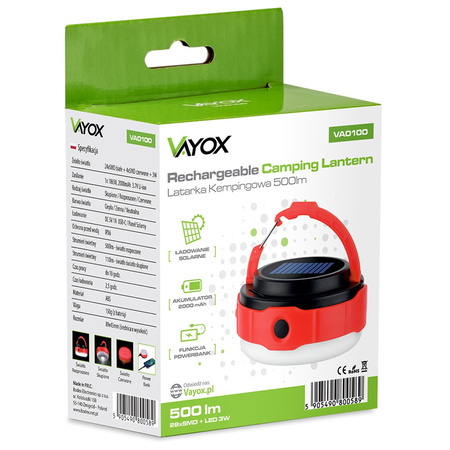 Latarka Akumulatorowa LED Kempingowa 500lm 3000K-6500K Solarna USB-C Powerbank VA0100 VAYOX