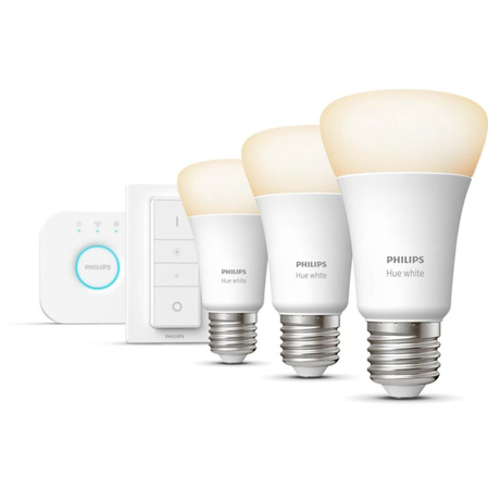 3PAK Żarówka LED E27 A60 9,5W 2700K Ciepła PHILIPS HUE White Bluetooth Zigbee + Mostek Hue Bridge + Przełącznik Dimmer Switch