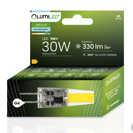 Żarówka LED G4 Kapsułka 3W = 30W 330lm 6500K Zimna 360° 12V FILAMENT LUMILED
