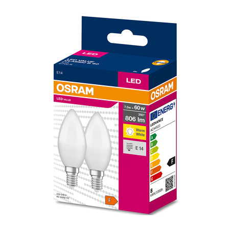 2PAK Żarówka LED E14 B39 7,5W = 60W 806lm 2700K Ciepła 220° OSRAM VALUE