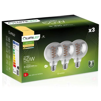 Zestaw 3x Żarówka Dekoracyjna Kulista LED E27 G95 6W = 50W 420lm 2200K Ciepła 360° Filament LUMILED GLOBE Smokey