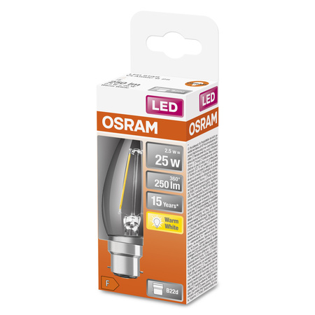 Żarówka LED B35 Świeczka B22d 2.5W = 25W 250lm 2700K Ciepła 300° Retrofit Filament CLASSIC Osram