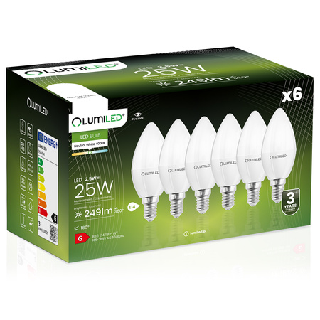 Zestaw 6x Żarówka LED ŚWIECA B35 E14 2,5W = 25W 249lm 4000K Neutralna 180° LUMILED