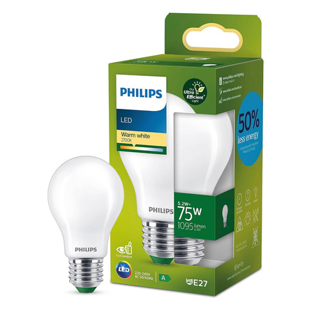 Żarówka LED E27 A60 210.6lm/W 5.2W = 75W 1095lm 2700K Ciepła Filament Mleczna PHILIPS Ultra Efficient