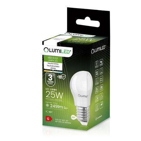 Żarówka LED E27 Kulka P45 2,5W = 25W 249lm 4000K Neutralna 180° LUMILED