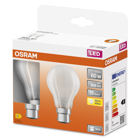 2x Żarówka LED A60 B22d 6.5W = 60W 806lm 2700K Ciepła 300° Retrofit Filament CLASSIC Osram
