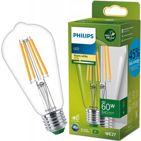 Żarówka LED Edison E27 210lm/W ST64 4W = 60W 840lm 2700K Ciepła Filament PHILIPS Ultra Efficient