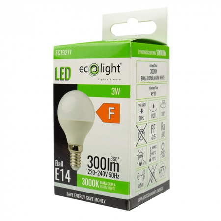Żarówka LED Kulka P45 E14 3W 270lm 3000K Ciepła Ecolight