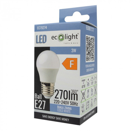 Żarówka LED Kulka P45 E27 3W 270lm 6500K Zimna Ecolight