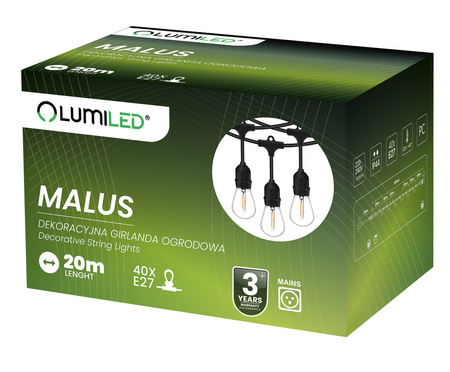 Girlanda Ogrodowa Zewnętrzna MALUS Łańcuch Świetlny 20m 40x E27 LUMILED