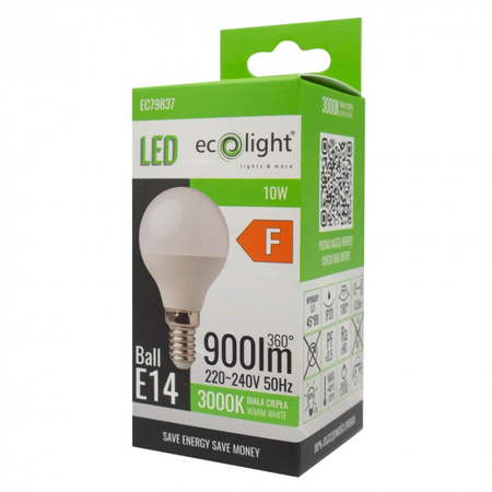 Żarówka LED Kulka P45 E14 10W 900lm 3000K Ciepła Ecolight