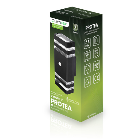 Lampa Ogrodowa Kinkiet Elewacyjny góra dół 2xGU10 Czarny Czujnik Ruchu IP54 PROTEA LUMILED