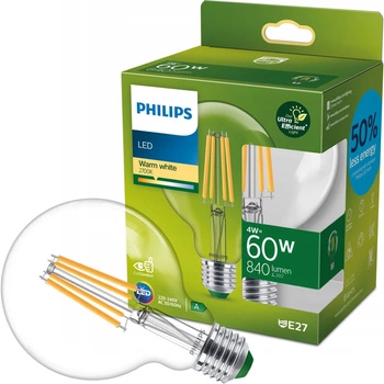 Żarówka LED Globe E27 210lm/W G95 4W = 60W 840lm 2700K Ciepła Filament PHILIPS Ultra Efficient