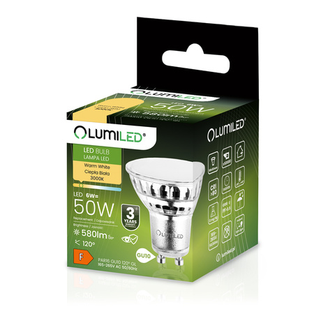 Zestaw 10x Żarówka LED GU10 6W = 50W 580lm 3000K Ciepła 120° Szklana LUMILED