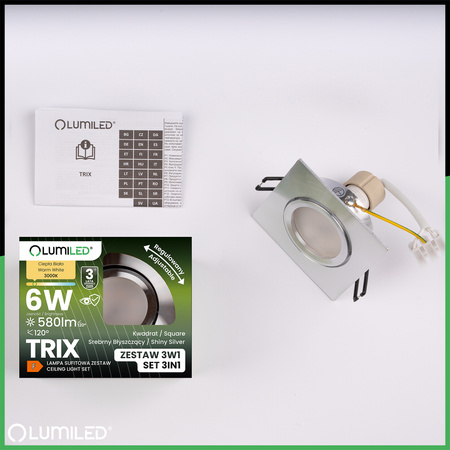 Oprawa Halogenowa Podtynkowa Kwadratowa Ruchoma TRIX 3w1 GU10 6W 3000K Srebrny LUMILED