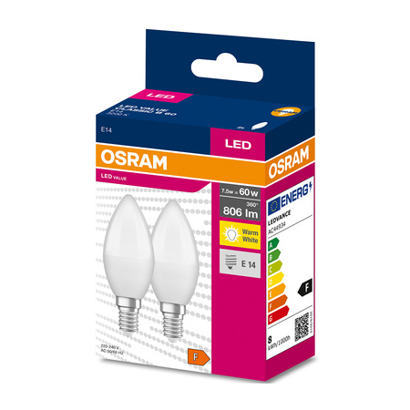 2PAK Żarówka LED E14 B39 7,5W = 60W 806lm 3000K Ciepła 220° OSRAM VALUE