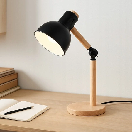 Lampka Biurkowa Stołowa Regulowana E27 Szkolna Nocna Włącznik On/Off Czarna Brązowa Woody Masterled