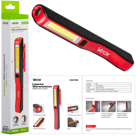 Latarka Warsztatowa Na Baterie 3xAAA IP33 Robocza Magnes Garaż COB + LED VA0102 Vayox