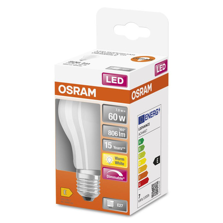 Żarówka LED A60 E27 7W = 60W 806lm 2700K Ciepła 300° Ściemnialna Retrofit Filament CLASSIC Osram