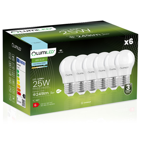 Zestaw 6x Żarówka LED E27 P45 2,5W = 25W 249lm 6500K Zimna 180° LUMILED