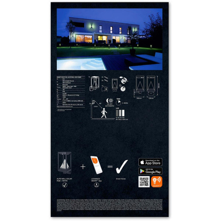 Lampa Solarna Zewnętrzna Inteligentny Kinkiet Elewacyjny 6W 400lm 3000K Ciepła RGB+W Ściemnialna IP44 Czarny SMART+ Bluetooth Alps Ledvance