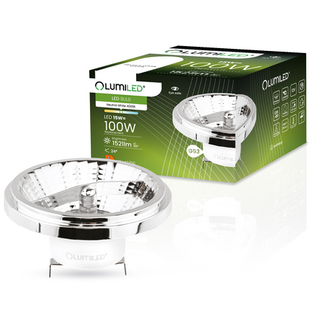 Żarówka LED G53 AR111 15W = 100W 1521lm 4000K Neutralna 24° 12V DC Srebrna LUMILED