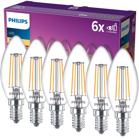 Zestaw 6x Żarówka LED Świeczka E14 B35 4.3W = 40W 470lm 2700K Ciepła Filament PHILIPS