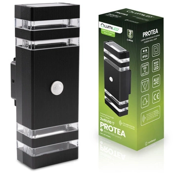Lampa Ogrodowa Kinkiet Elewacyjny góra dół 2xGU10 Czarny Czujnik Ruchu i Zmierzchu IP54 PROTEA LUMILED