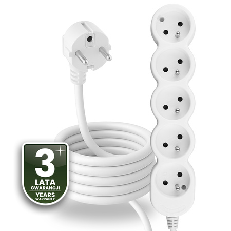 Przedłużacz Sieciowy Kabel z Uziemieniem Listwa Zasilająca 5 Gniazda 3m Biały Sznur Lendo Lumiled