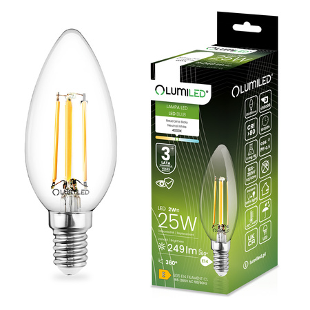 Żarówka LED E14 B35 2W = 25W 249lm 4000K Neutralna 360° Filament LUMILED