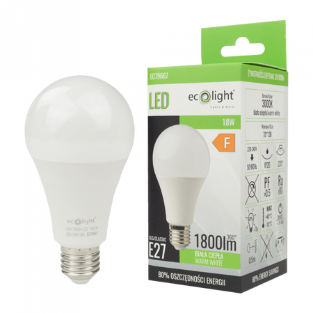 Żarówka LED A70 E27 18W 1620lm 3000K Ciepła Ecolight