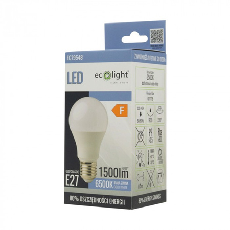 Żarówka LED A60 E27 15W 1350lm 6500K Zimna Ecolight