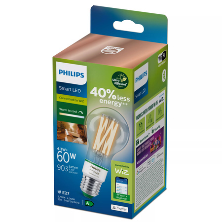 Żarówka LED E27 A60 4.3W = 60W 903lm 2700-4000K TW FILAMENT UltraEfficient Inteligentna SMART WiFi Bluetooth Aplikacja WiZ Philips
