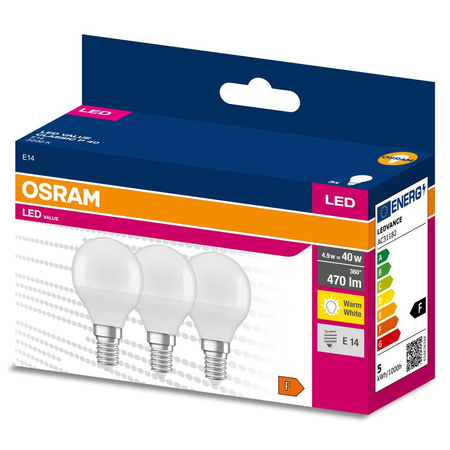 3x Żarówka LED P45 Kulka E14 4.9W = 40W 470lm 3000K Ciepła 200° VALUE CLASSIC Osram