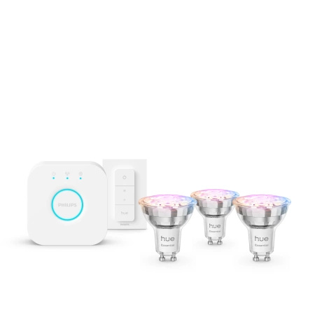 3x Żarówka LED GU10 Reflektor PAR16 4,7W = 50W 345lm 2200-6500K CCT + RGB SMART Inteligentna Bluetooth ZigBee White and Color Ambiance + Mostek Bridge + Regulator Pilot Philips HUE Essential