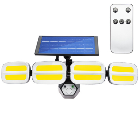 Naświetlacz solarny lampa 4x COB LED 20W 800lm Zimna czujnik ruchu IP65 + Pilot