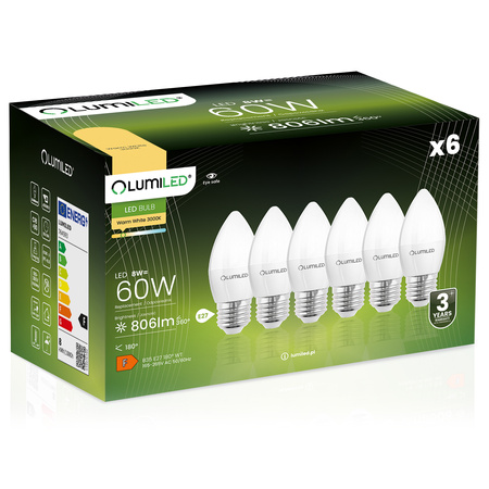 6x Żarówka LED E27 Świeczka B35 8W = 60W 806lm 3000K Ciepła 180° LUMILED