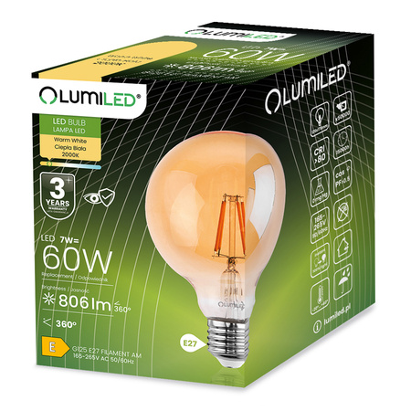 Żarówka LED E27 Kula G125 7W = 60W 806lm 2000K Ciepła 360° BURSZTYNOWA FILAMENT LUMILED