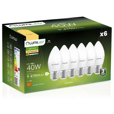 6x Żarówka LED E27 Świeczka B35 5W = 40W 470lm 3000K Ciepła 180° LUMILED