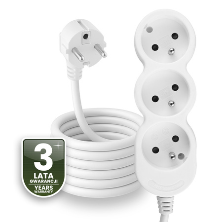 Przedłużacz Sieciowy Kabel z Uziemieniem Listwa Zasilająca 3 Gniazda 5m Biały Sznur Lendo Lumiled