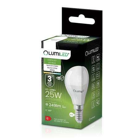 Żarówka LED E14 Kulka P45 2,5W = 25W 249lm 4000K Neutralna 180° LUMILED