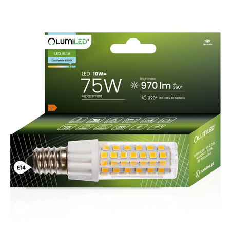 Żarówka LED E14 Tubularna T25 10W = 75W 970lm 6500K Zimna 320° LUMILED