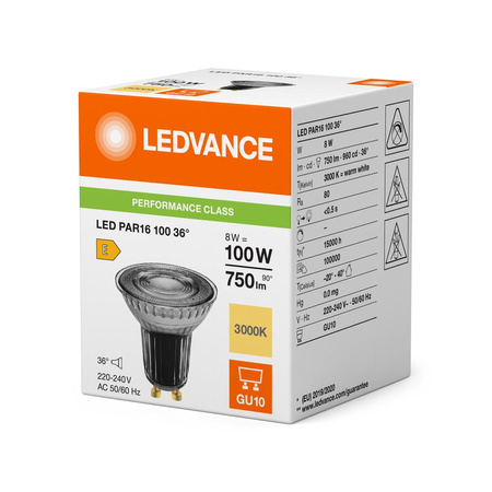 Żarówka LED Reflektor GU10 PAR16 8W = 100W 750lm 2700K Ciepła 36° Ściemnialna Ledvance