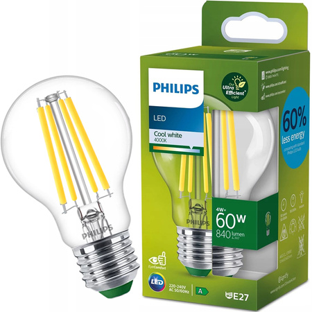 Żarówka LED E27 A60 210lm/W 4W = 60W 840lm 4000K Neutralna Filament PHILIPS Ultra Efficient