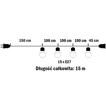 Girlanda Ogrodowa Zewnętrzna Łańcuch Świetlny 15m 15xE27 + Żarówki LED 2W 3000K Lumiled
