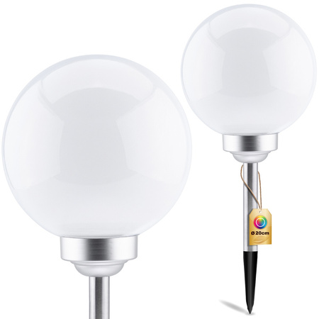 Lampa Ogrodowa LED Solarna KULKA 20cm Wbijana 3000K Ciepła + RGB Biała