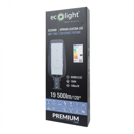 Lampa Uliczna Drogowa LED 150W 19500lm 6500K Zimna IP65 130lm/W PREMIUM Ecolight