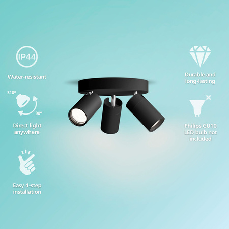 Lampa Sufitowa Reflektor 3x GU10 IP44 Czarna Kosipo Philips
