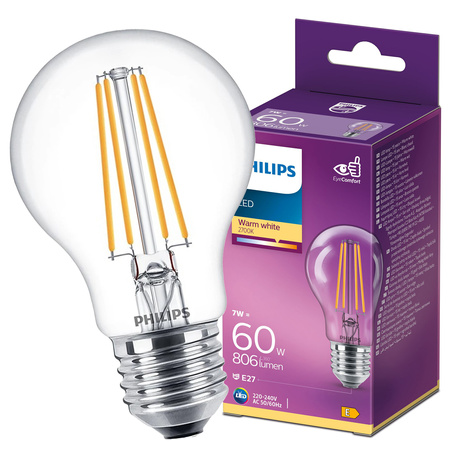 Żarówka LED E27 A60 7W = 60W 806lm 2700K Ciepła Filament PHILIPS